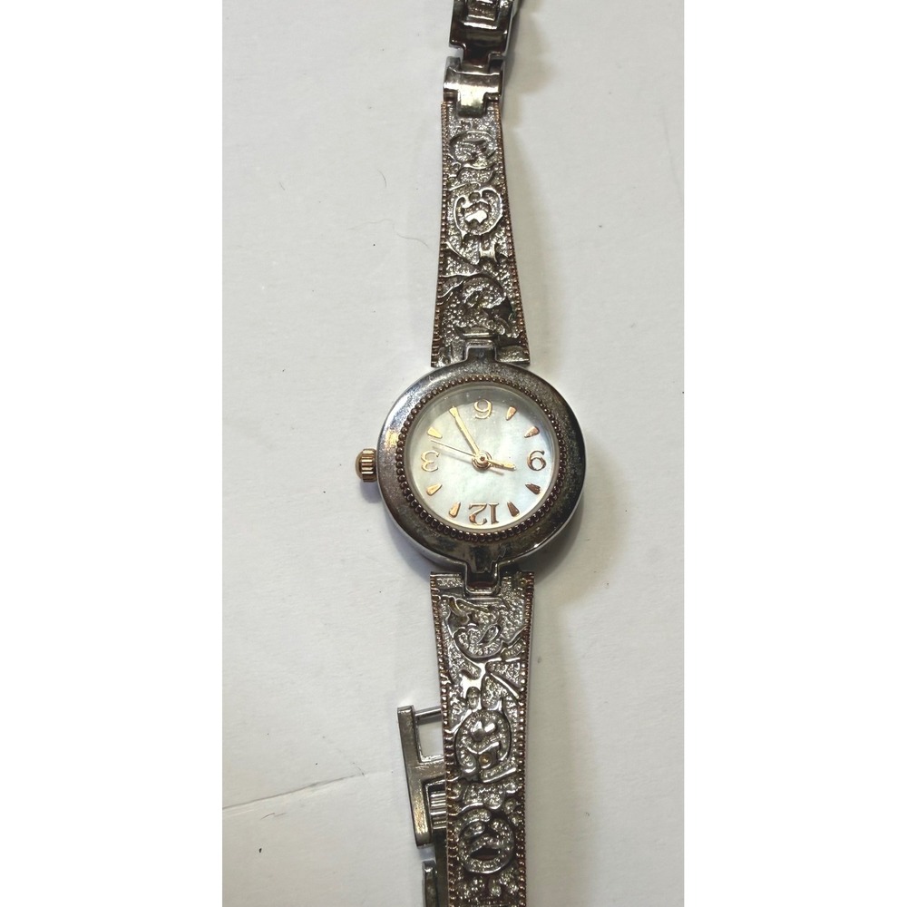 FMD Women Silver Rose Gold Engraved Floral Watch Mother of Pearl Dial works